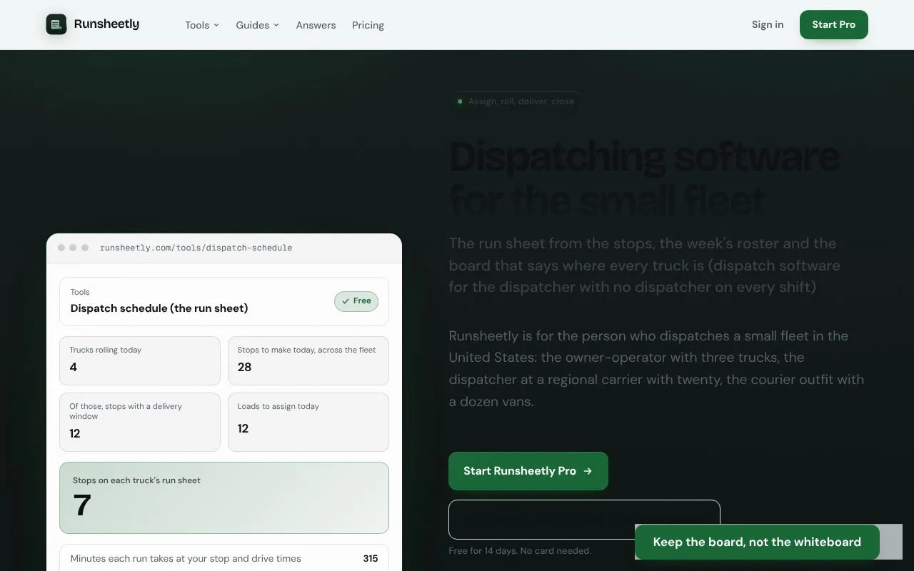 Runsheetly homepage screenshot