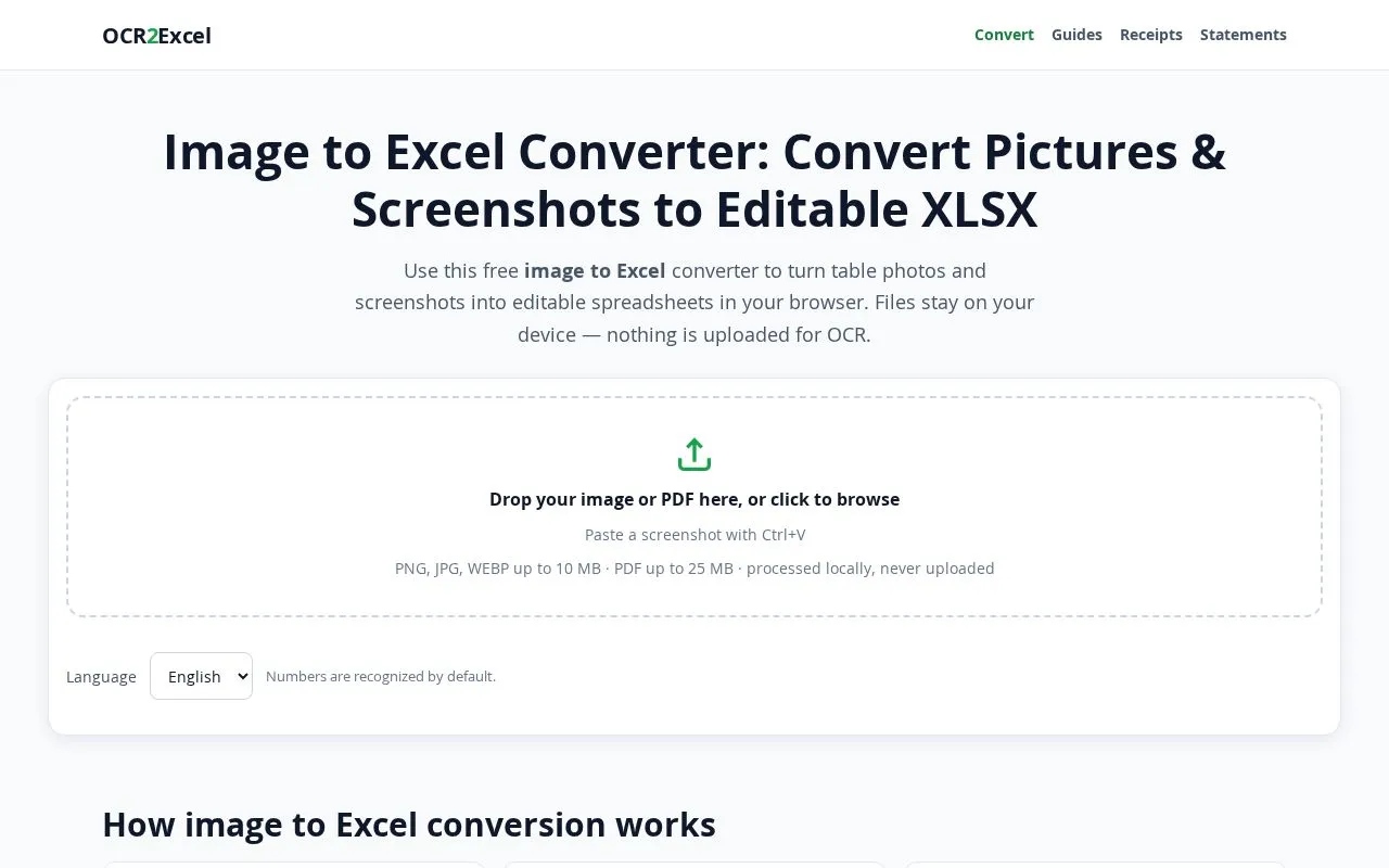 OCR2Excel homepage screenshot