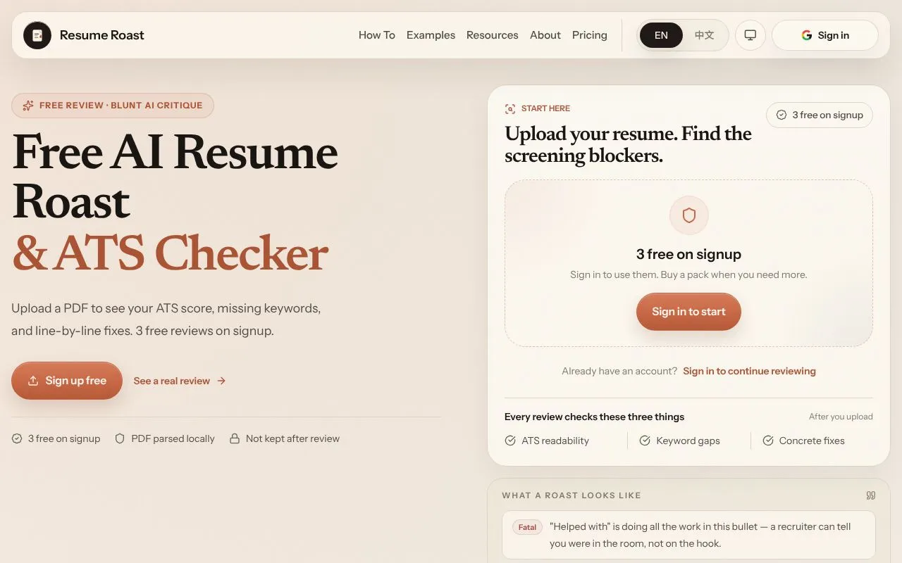Resume Roast homepage screenshot