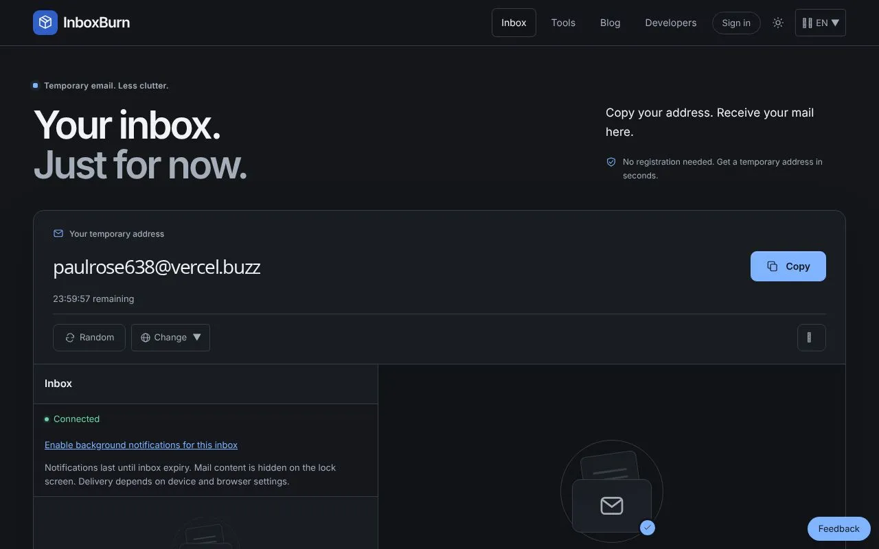 InboxBurn homepage screenshot