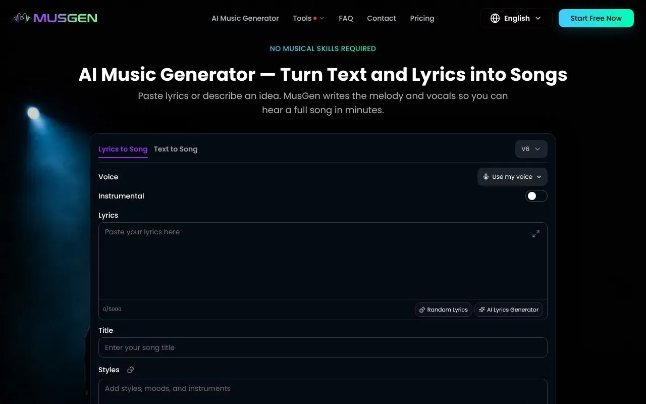 MusGen homepage screenshot