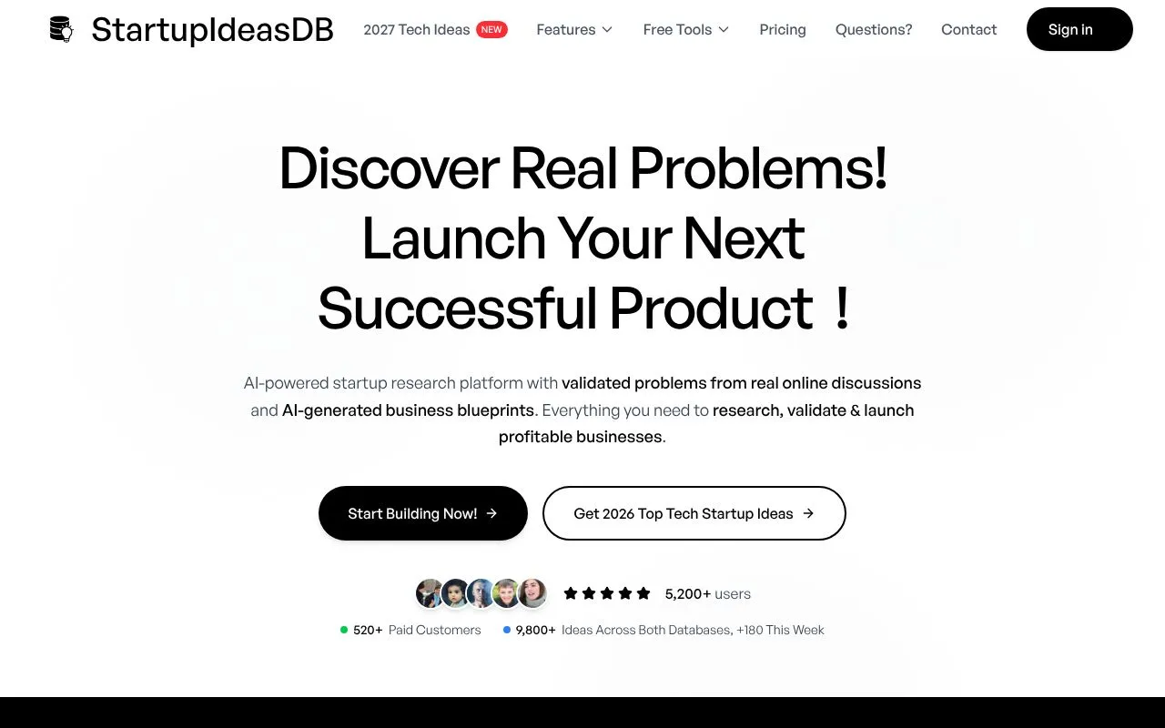 StartupIdeasDB homepage screenshot