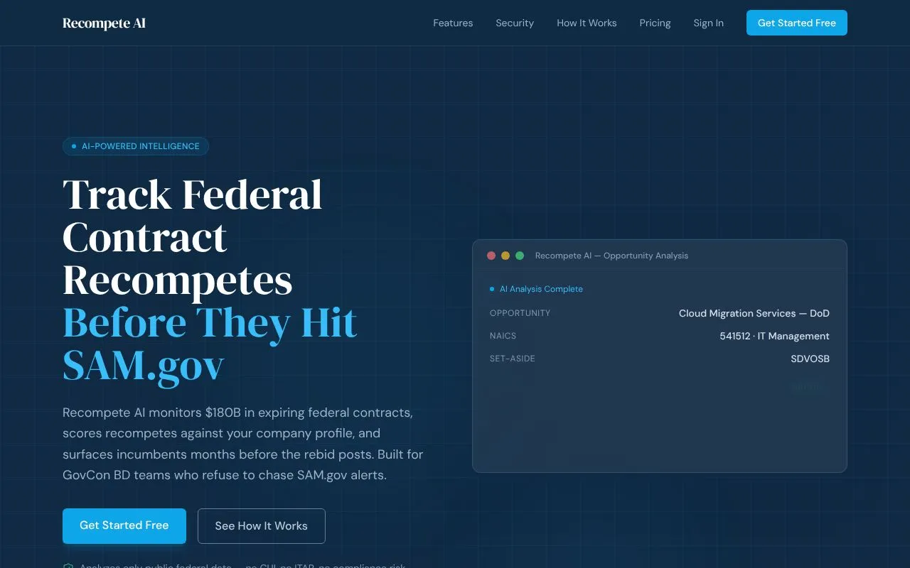 Recompete AI homepage screenshot