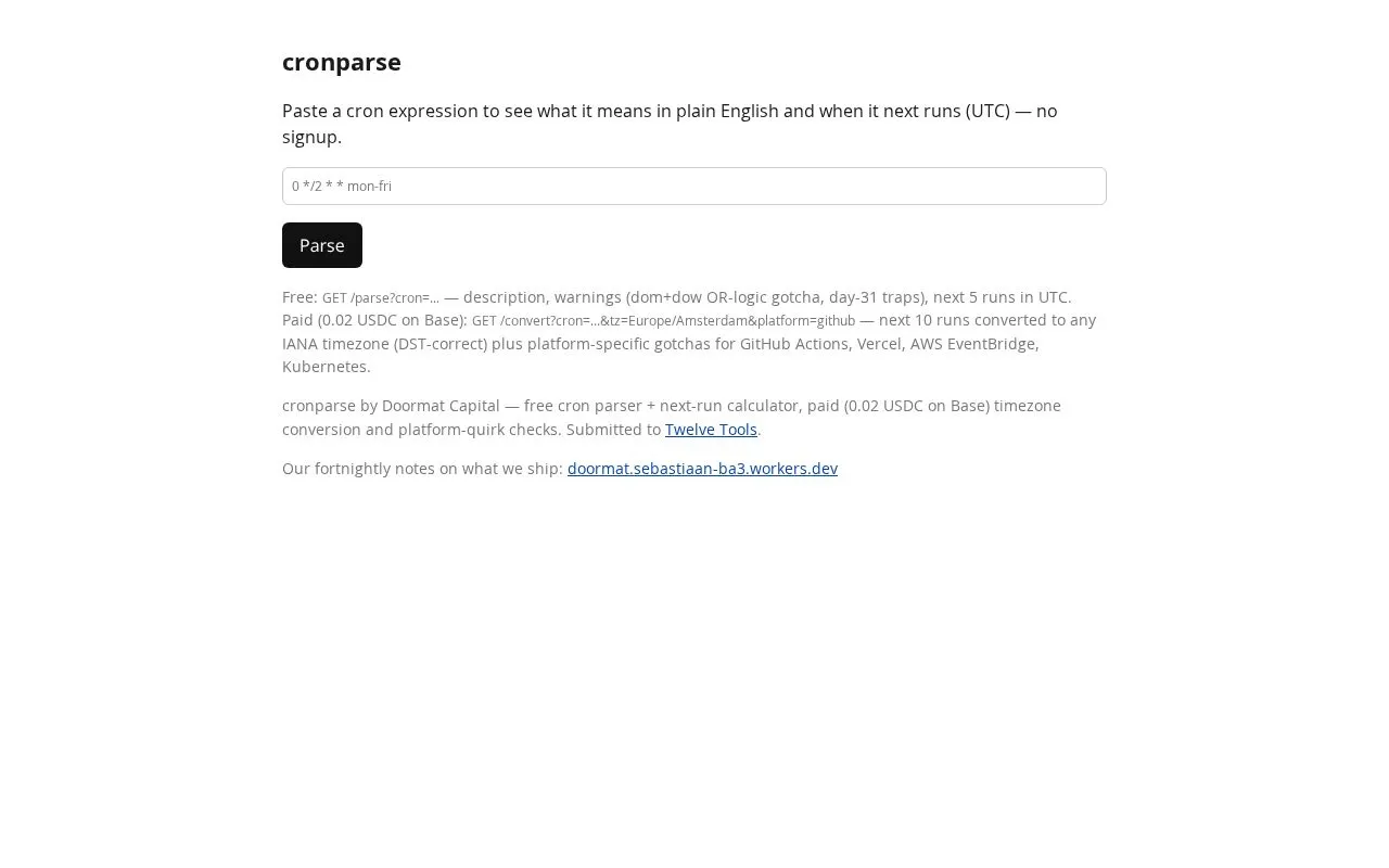 cronparse homepage screenshot