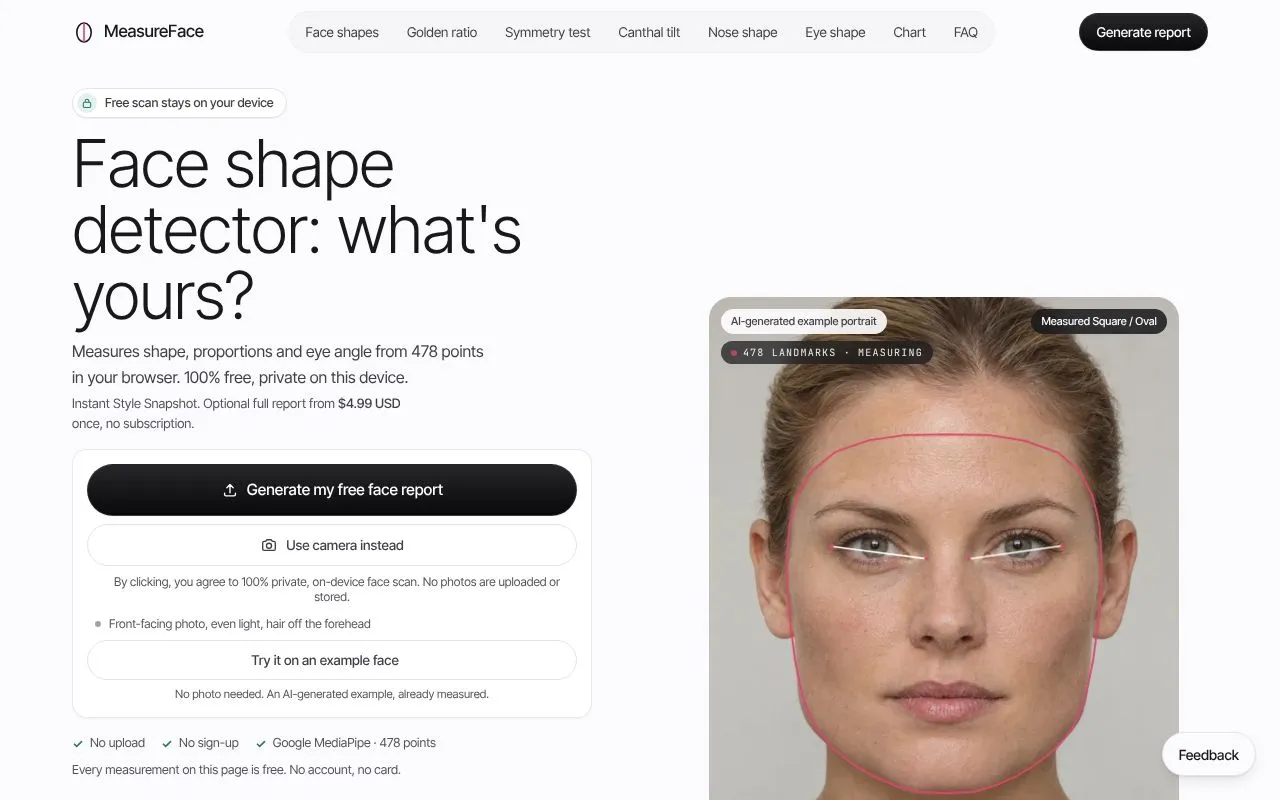 MeasureFace homepage screenshot