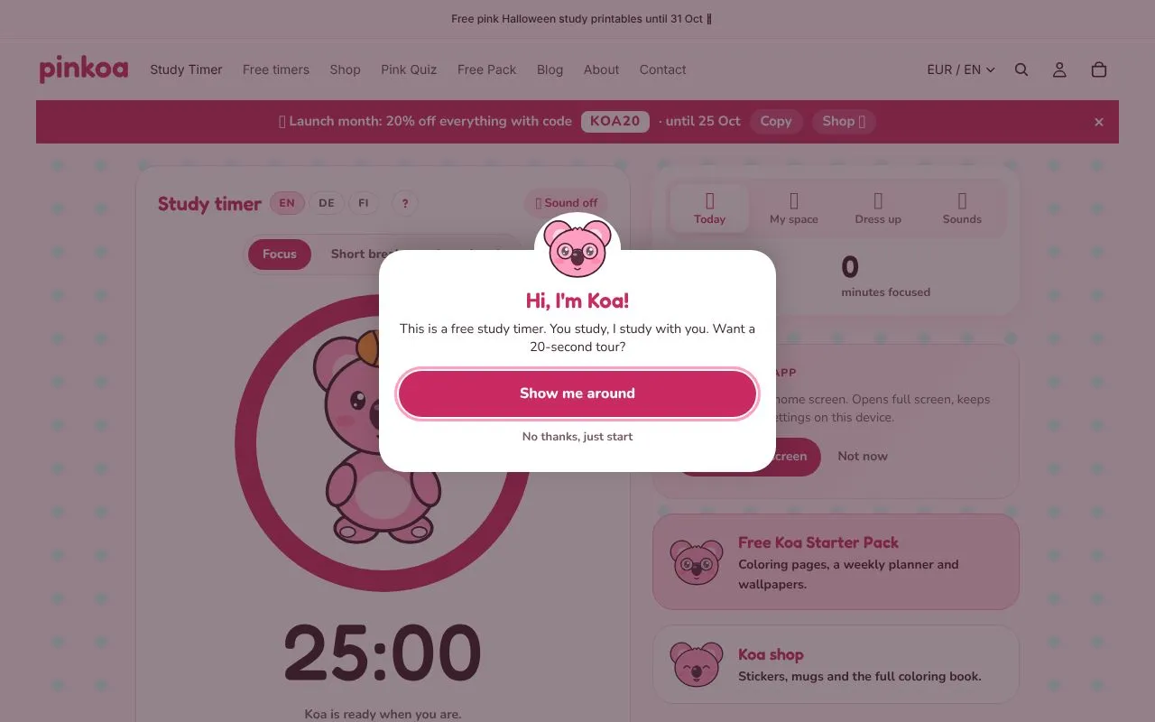 Pinkoa Study Timer homepage screenshot