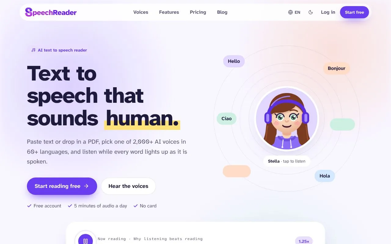 SpeechReader homepage screenshot