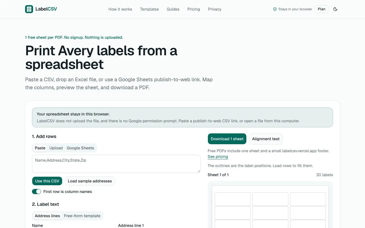 LabelCSV homepage screenshot