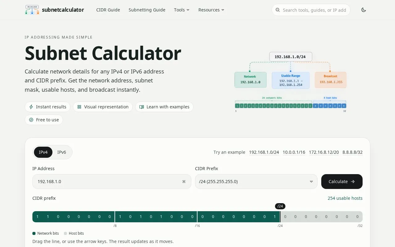 subnetcalculator homepage screenshot