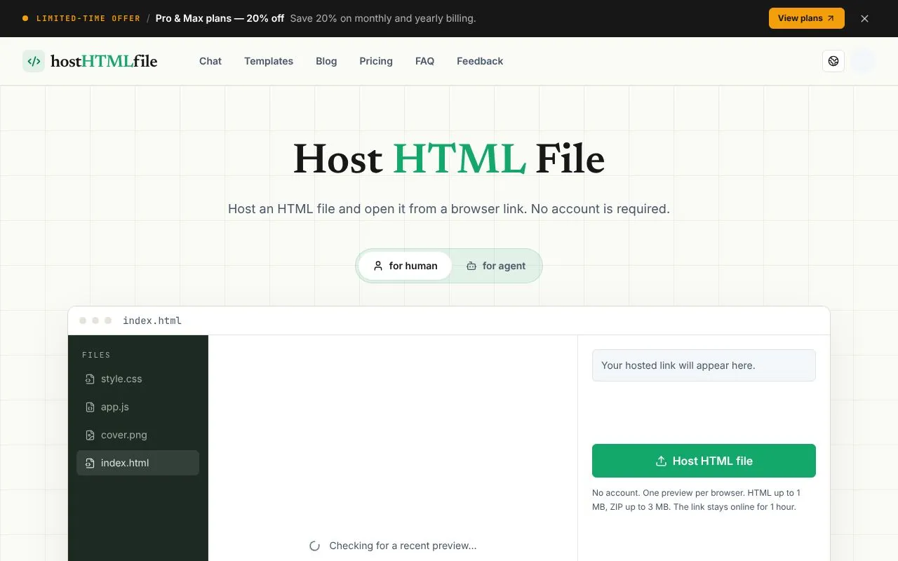 Host HTML File homepage screenshot