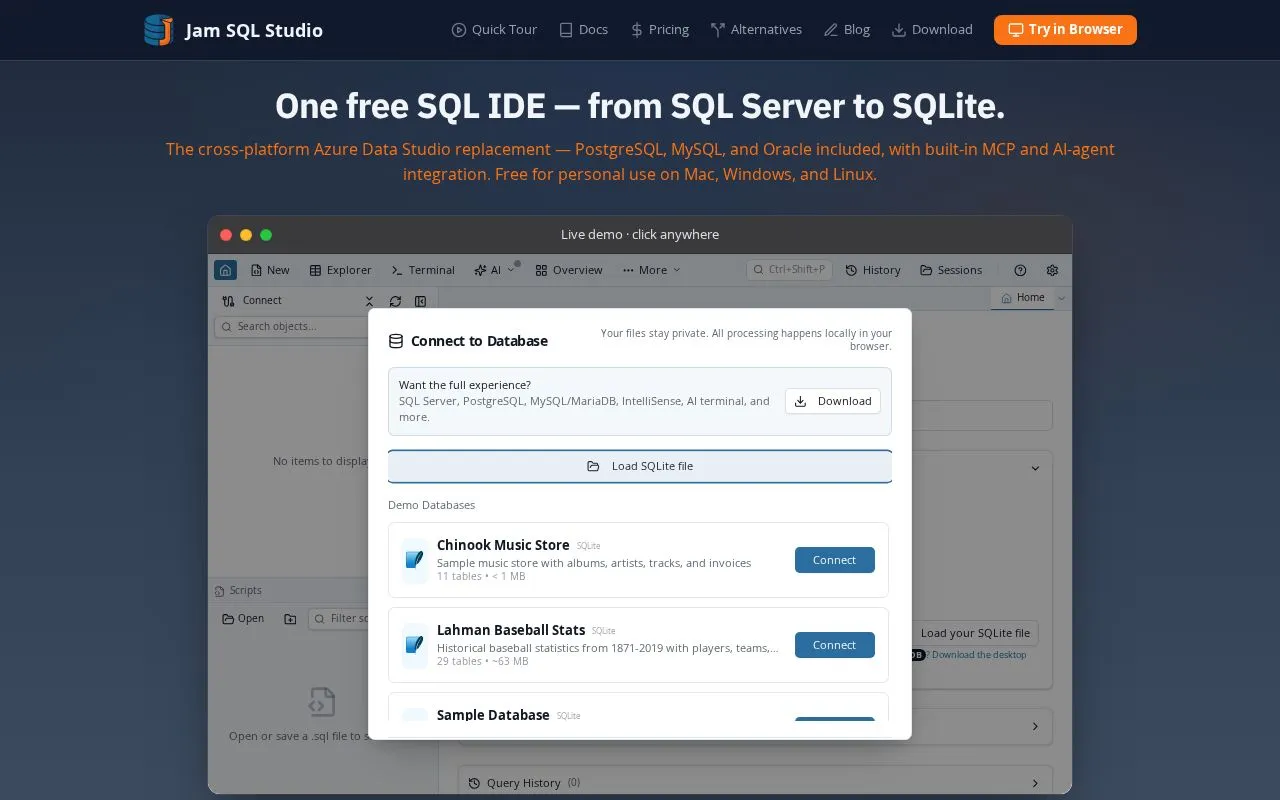 Jam SQL Studio homepage screenshot