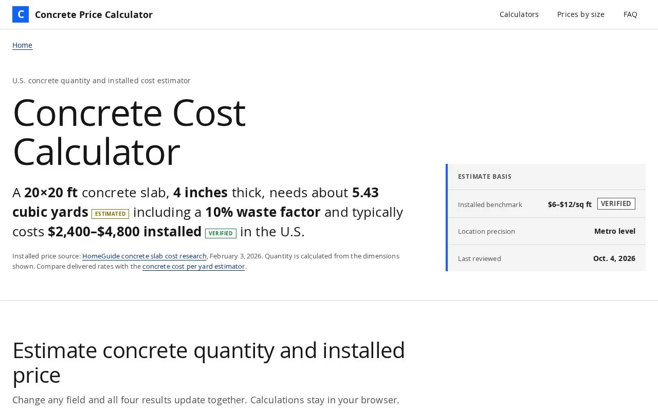 Concrete Price Calculator homepage screenshot