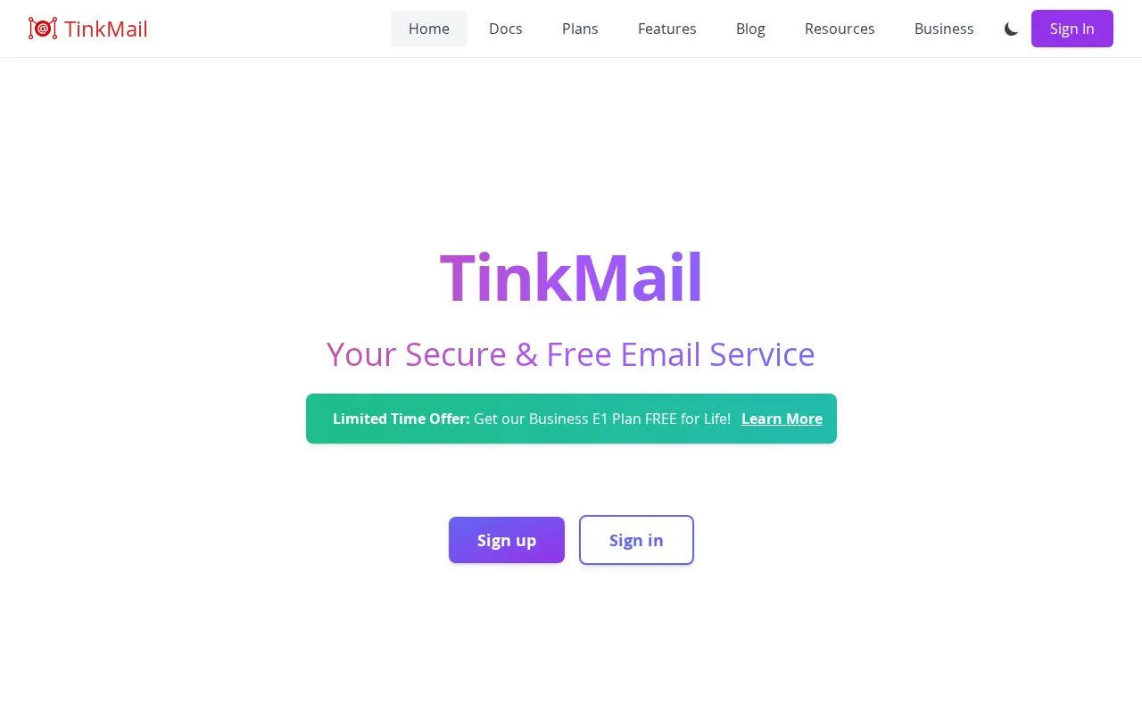 TinkMail homepage screenshot