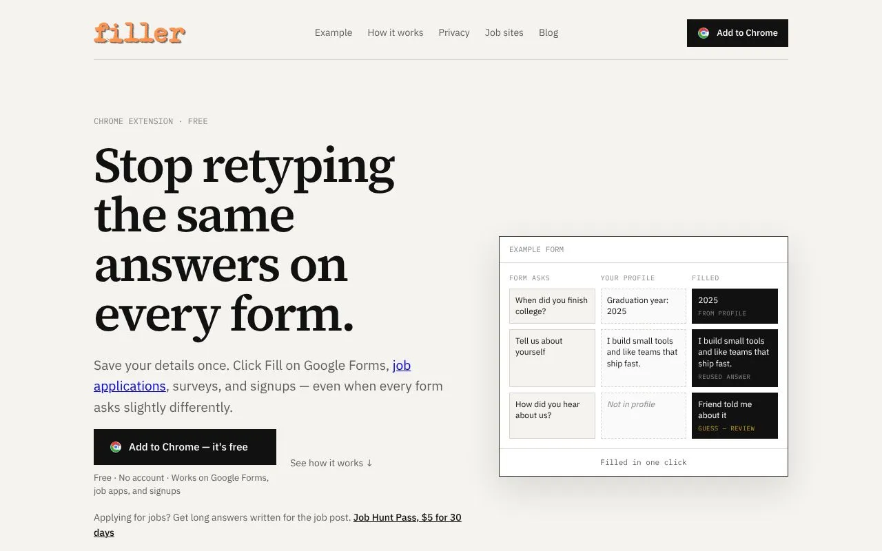Filler homepage screenshot