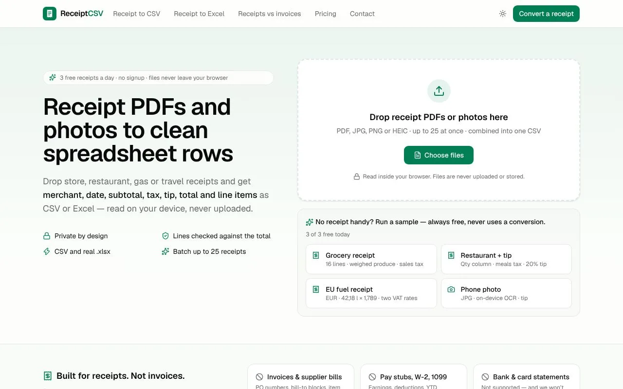 ReceiptCSV homepage screenshot