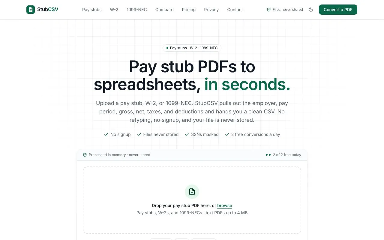 StubCSV homepage screenshot
