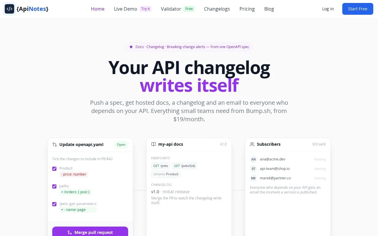 ApiNotes homepage screenshot