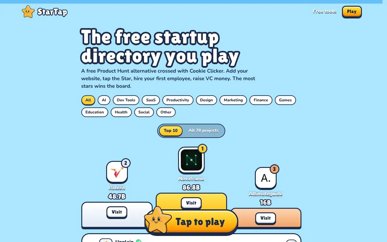 StarTap homepage screenshot