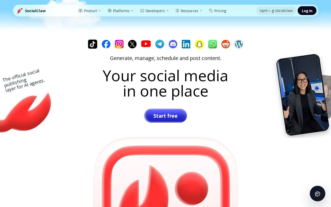 SocialClaw homepage screenshot