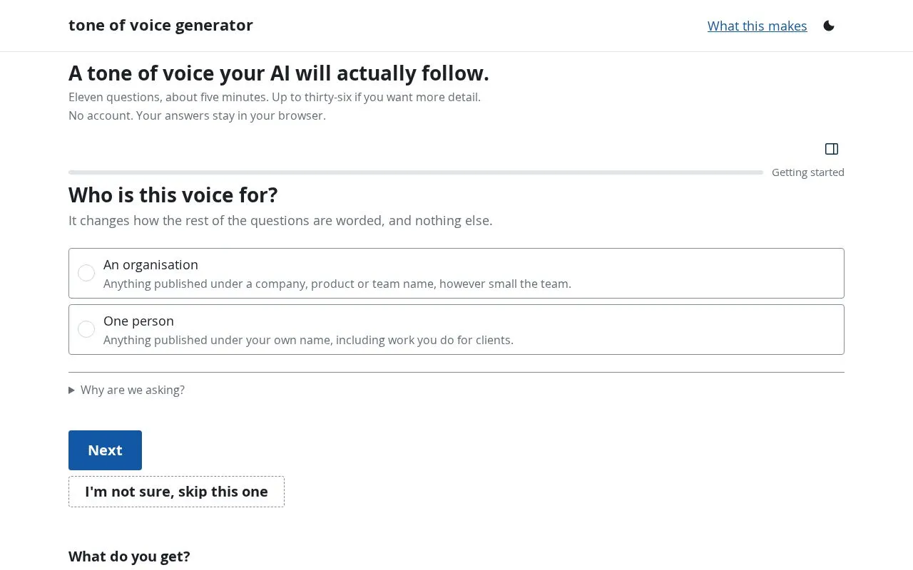 Tone of voice generator homepage screenshot