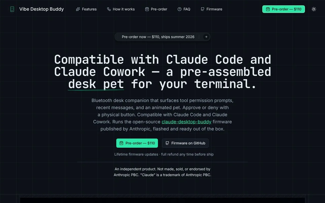 Vibe Desktop Buddy homepage screenshot