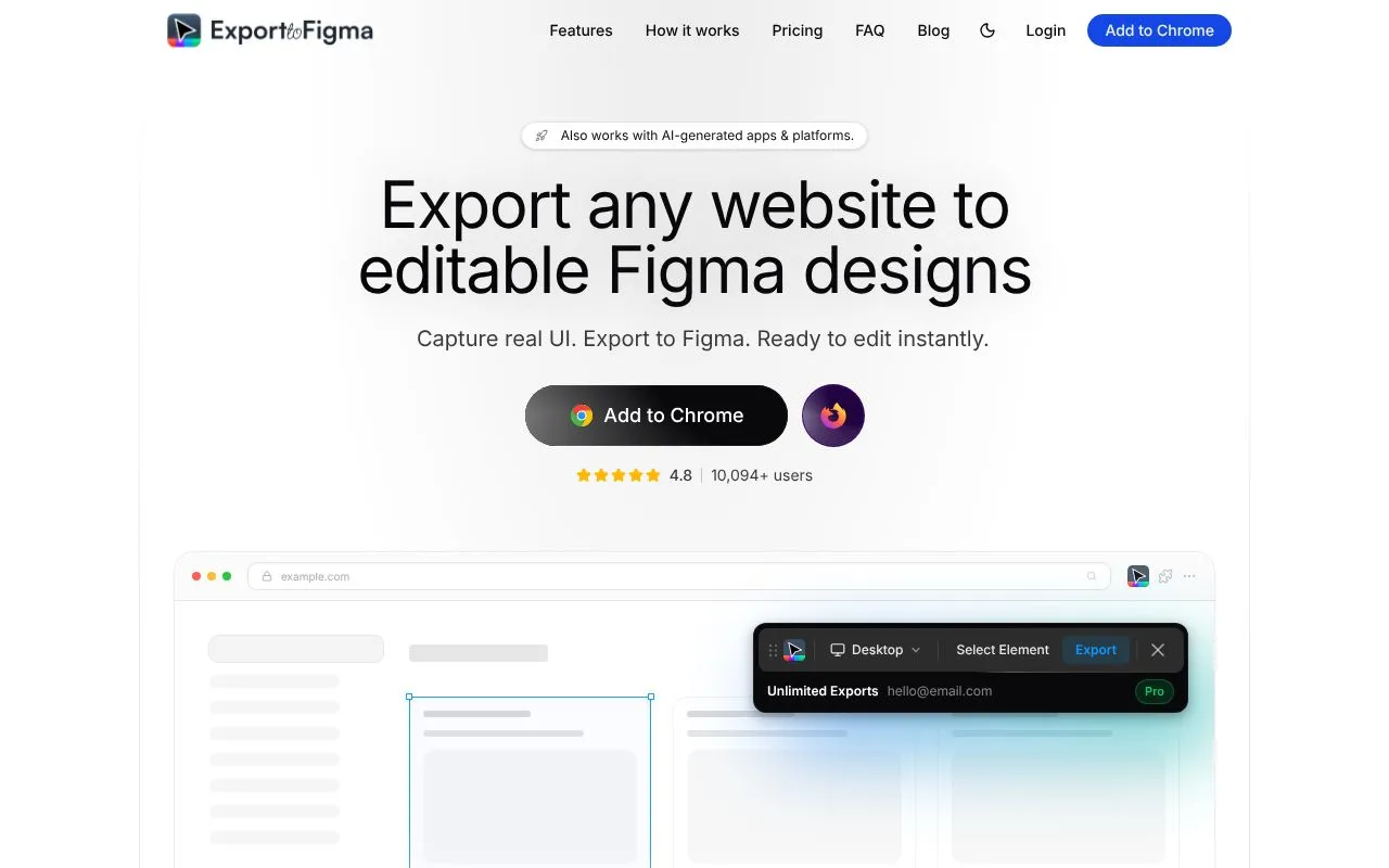 Export to Figma homepage screenshot
