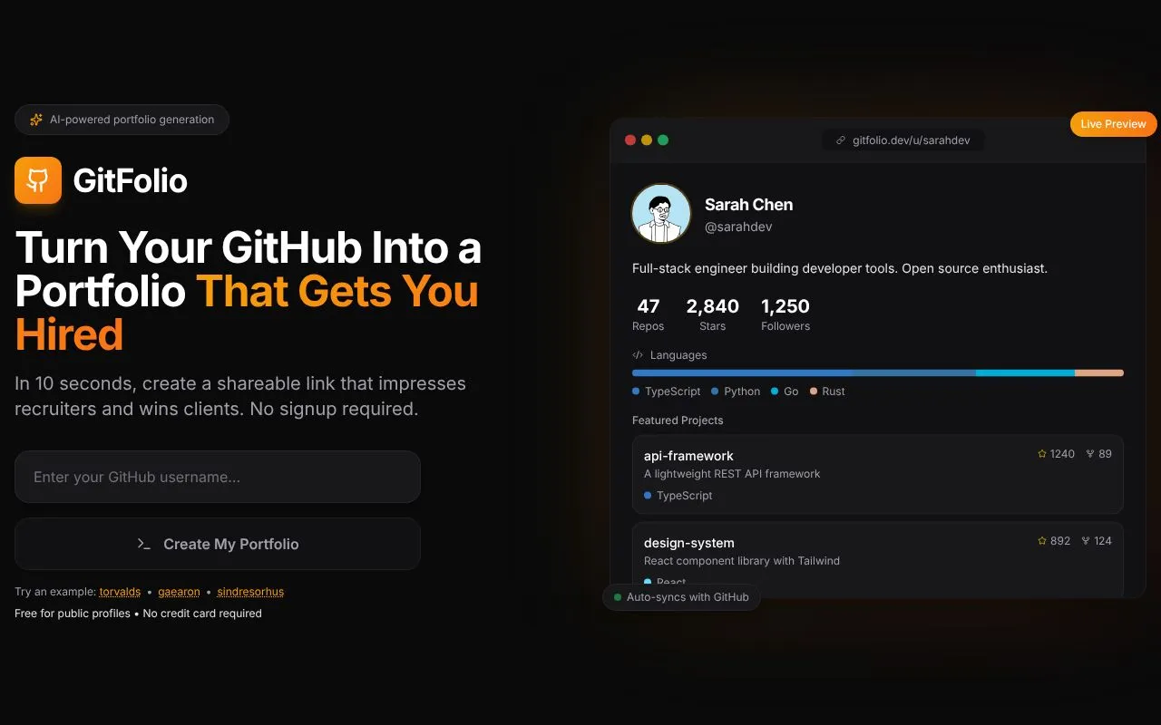 GitFolio homepage screenshot