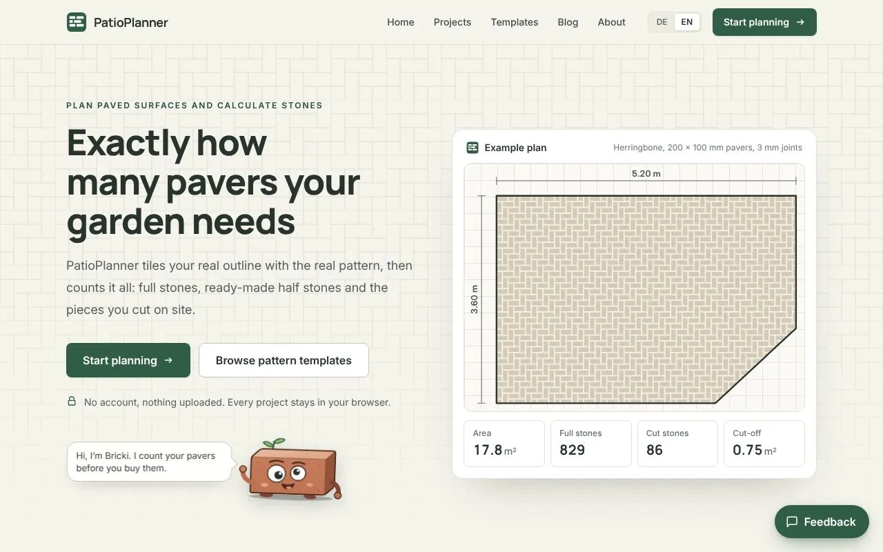PatioPlanner homepage screenshot