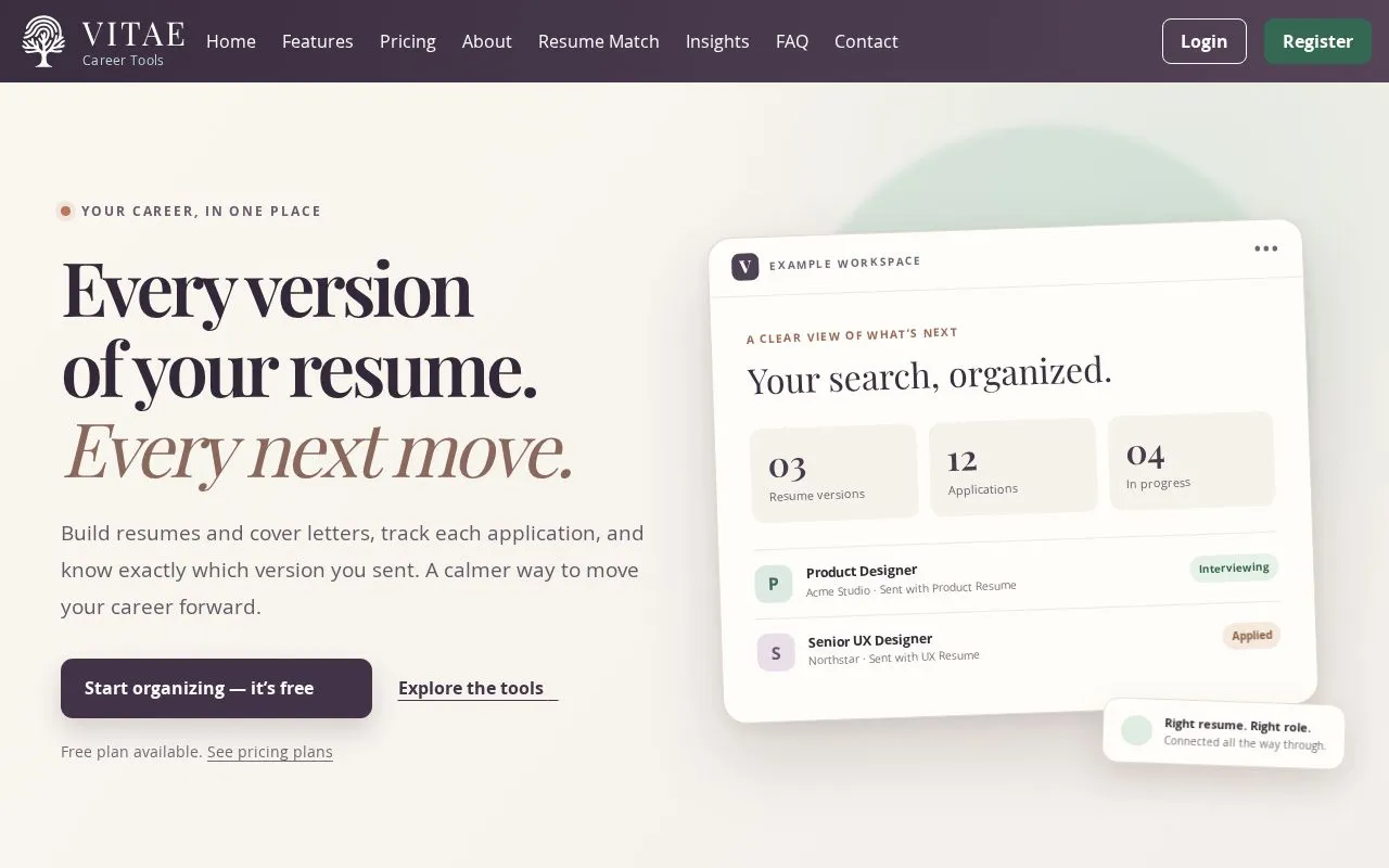 Vitae homepage screenshot