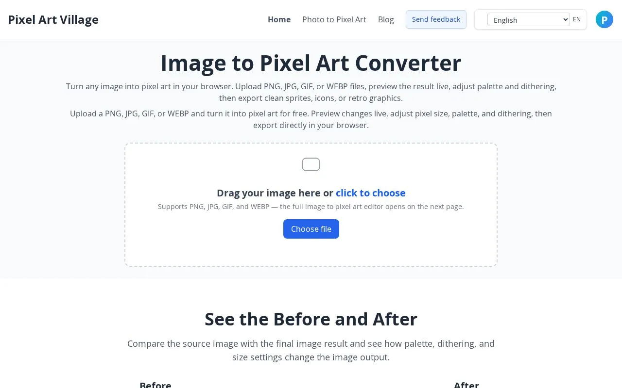 Pixel Art Village homepage screenshot