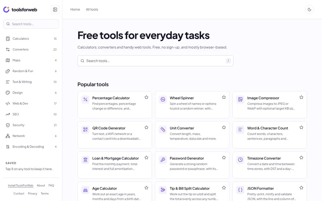 ToolsForWeb homepage screenshot