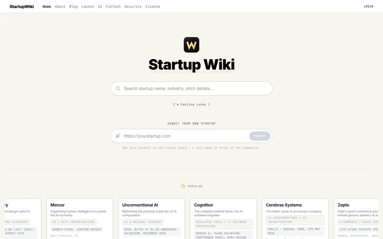 Startup Wiki homepage screenshot