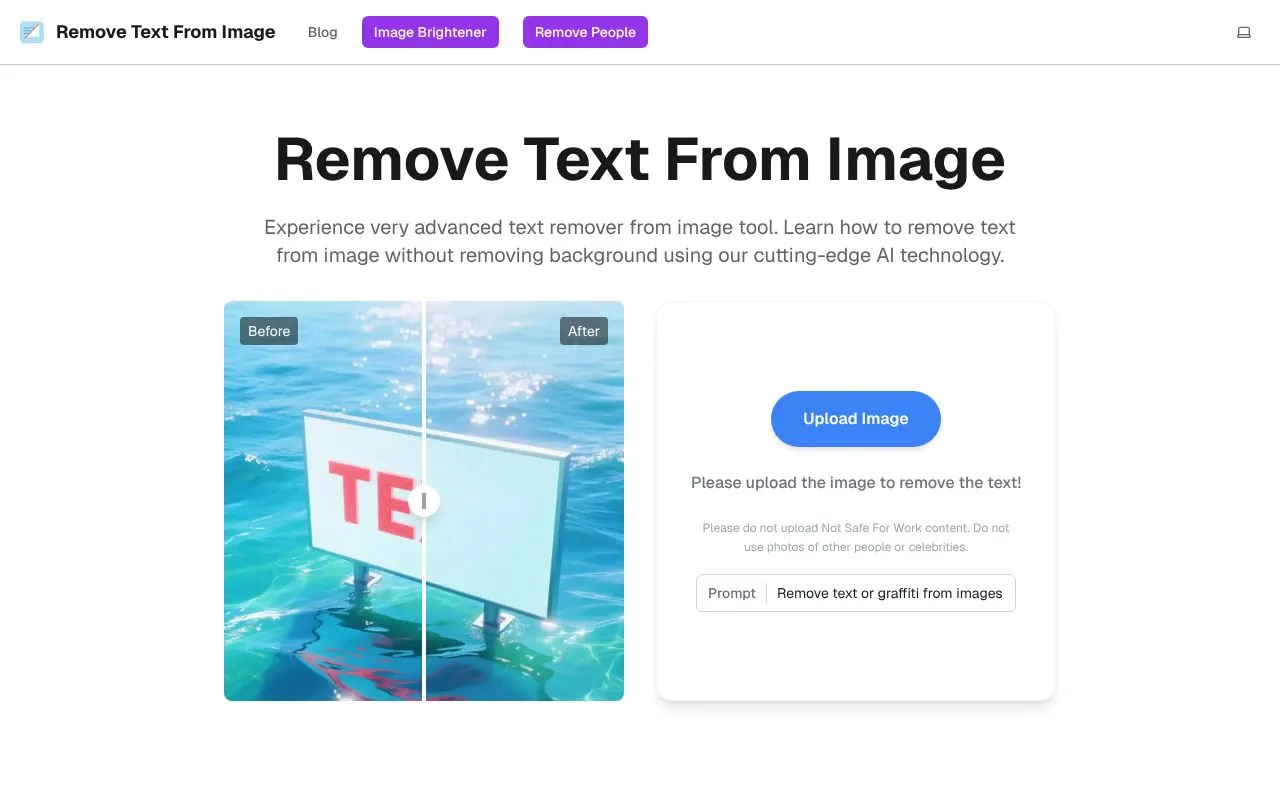 Remove Text From Image homepage screenshot