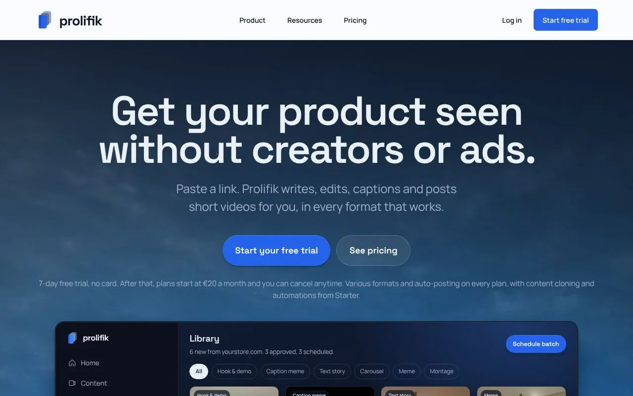 Prolifik homepage screenshot