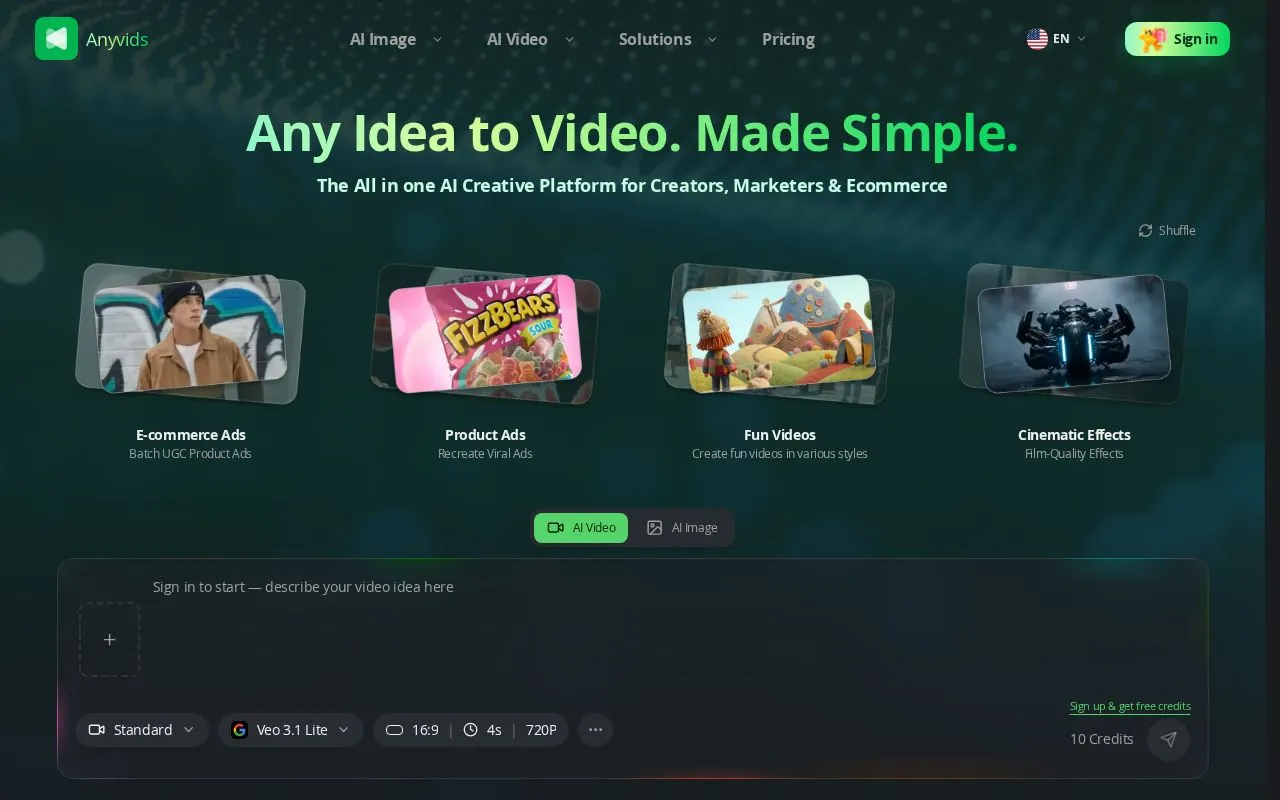 Anyvids homepage screenshot