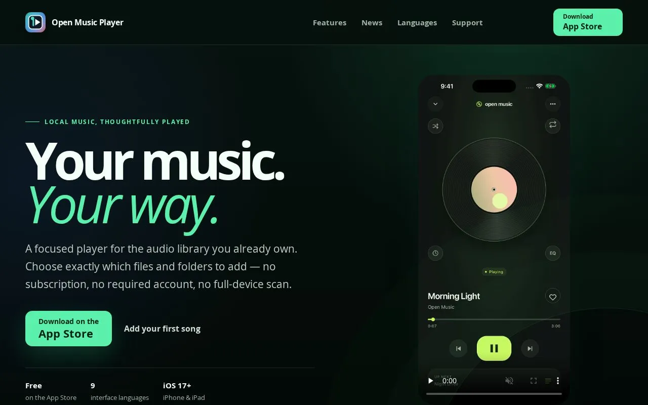 Open Music Player homepage screenshot