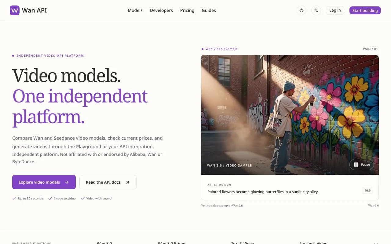Wan API homepage screenshot