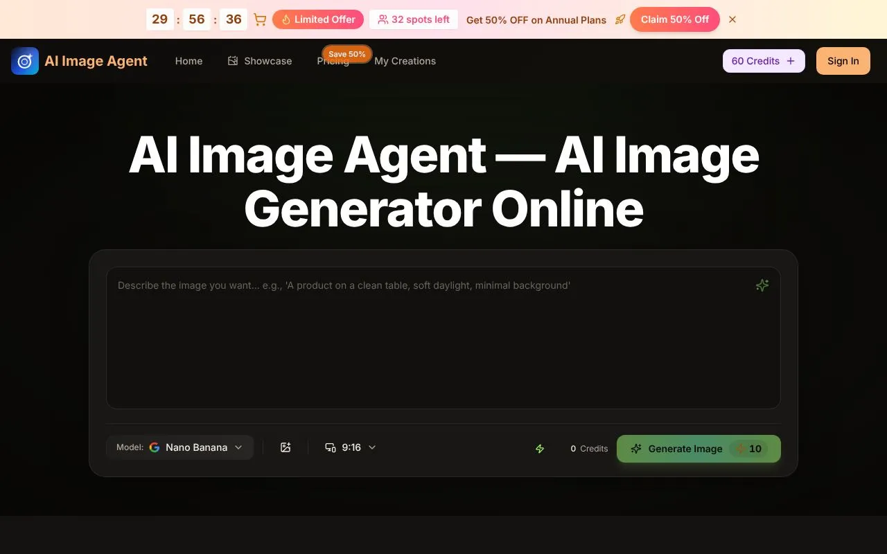 AI Image Agent homepage screenshot