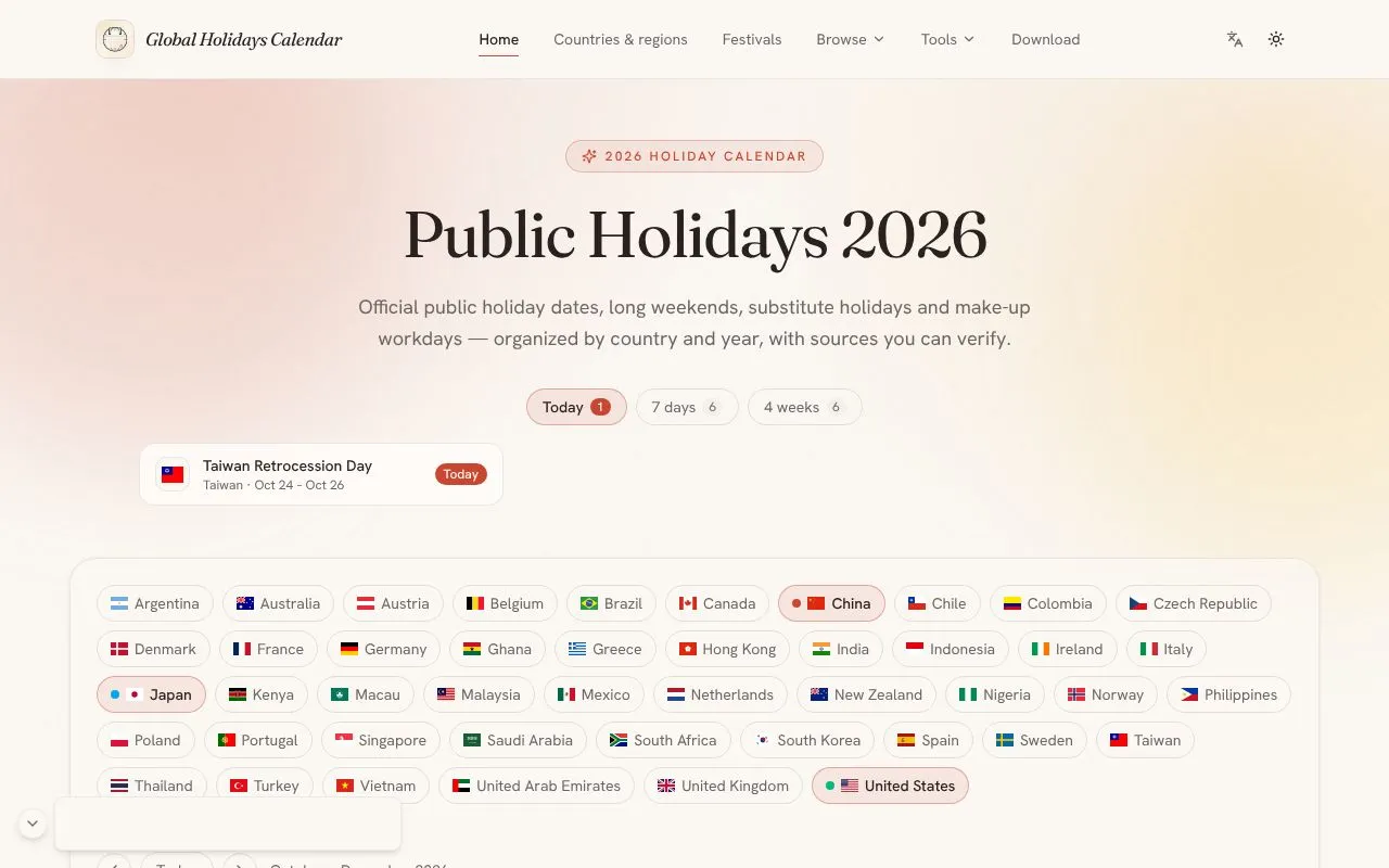 Global Holidays Calendar homepage screenshot