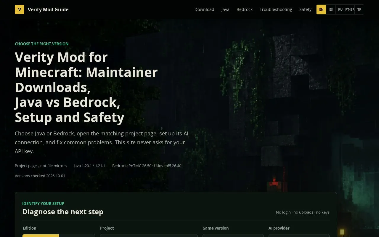 Verity Mod Guide homepage screenshot