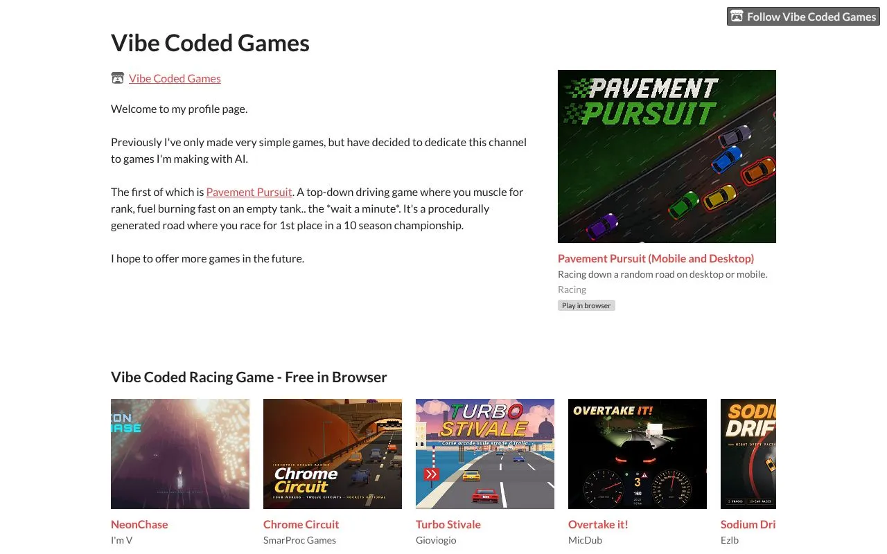 Vibe Coded Games homepage screenshot