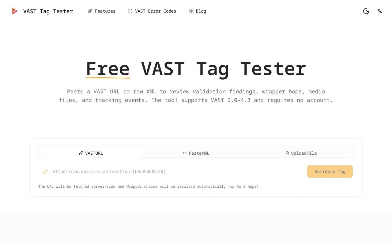 VAST Tag Tester homepage screenshot