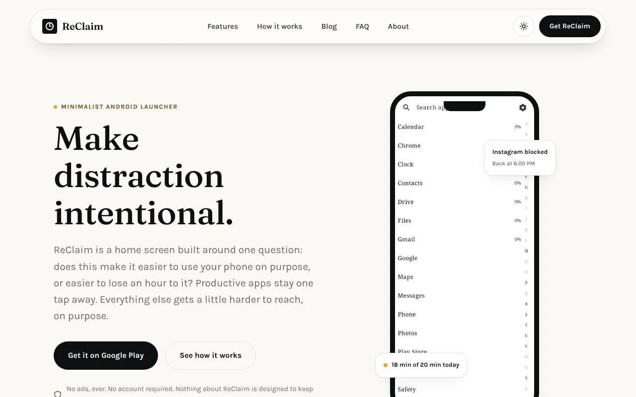 ReClaim homepage screenshot