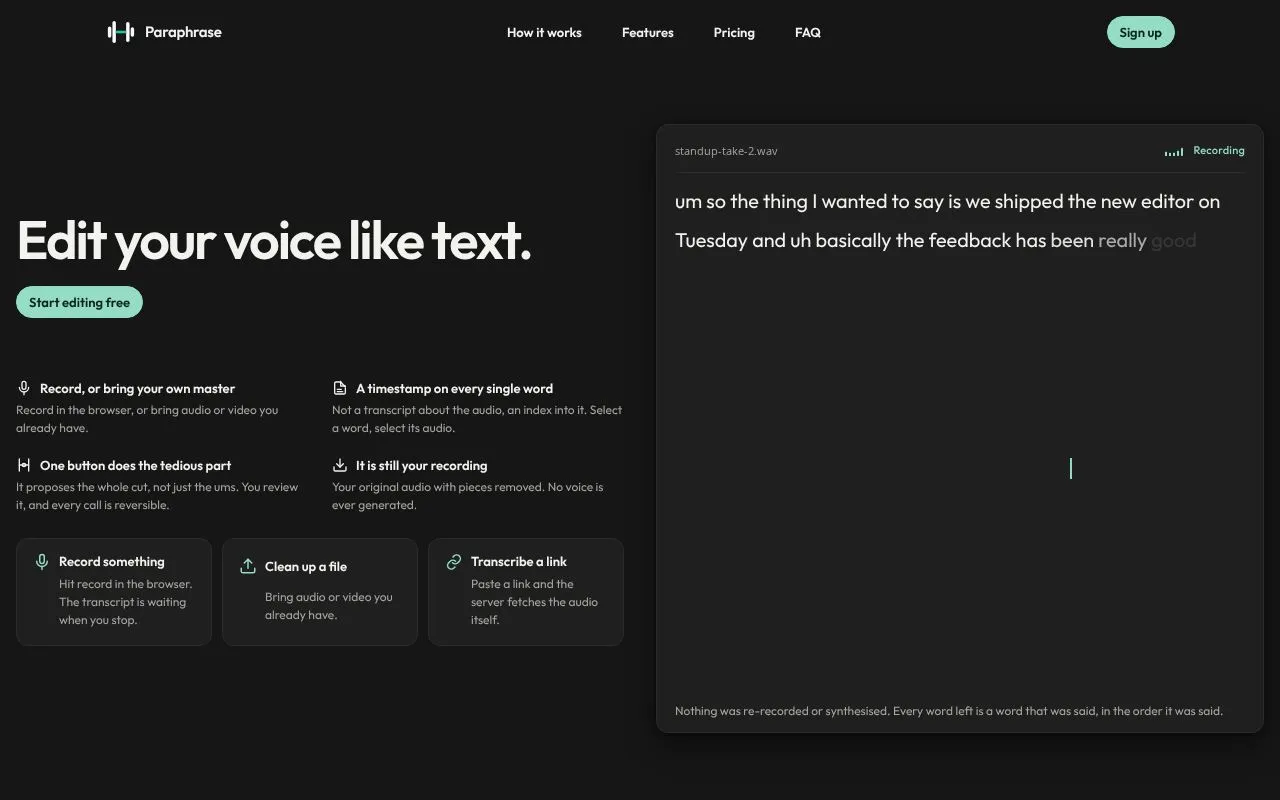 Paraphrase homepage screenshot