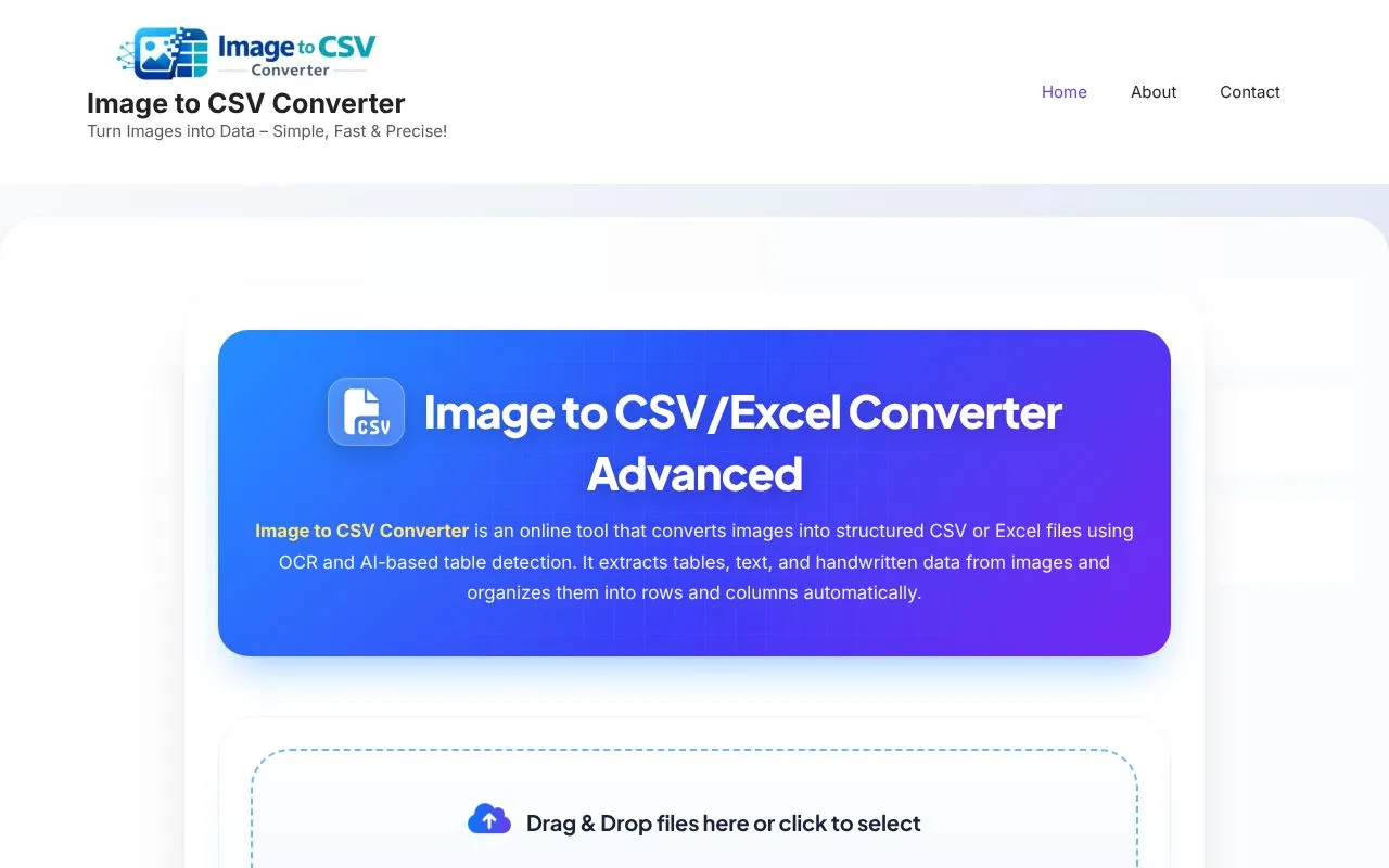 Image to CSV Converter homepage screenshot