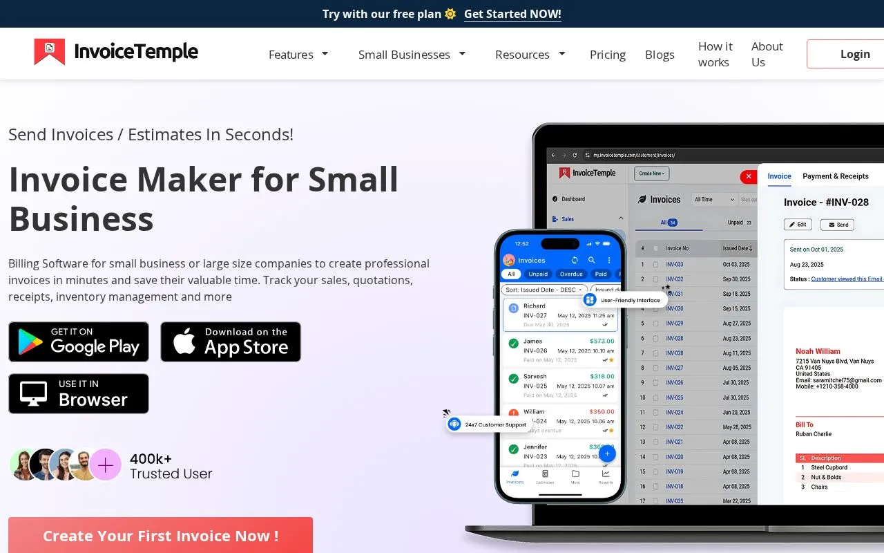 InvoiceTemple homepage screenshot