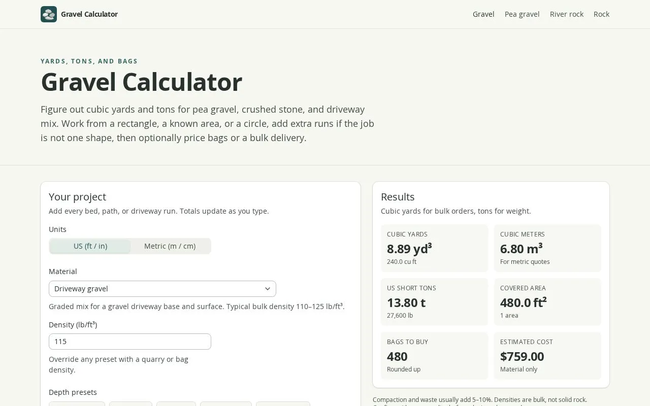Gravel Calculator homepage screenshot