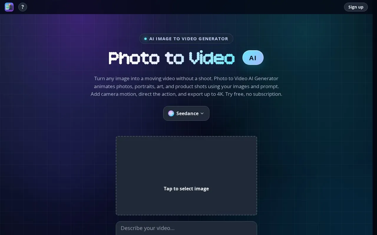 Photo to Video homepage screenshot