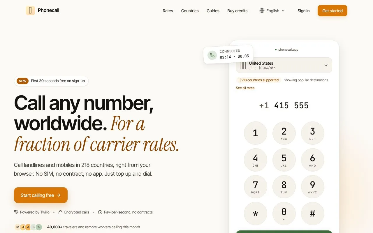 Phonecall homepage screenshot