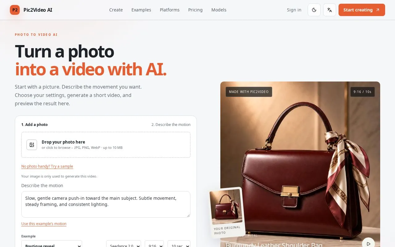 Pic2Video AI homepage screenshot